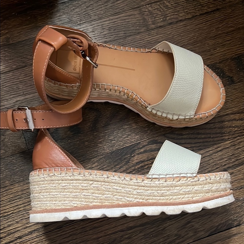 Dolce Vita Tan and Cream Wedge Sandals with Adjustable Ankle Strap